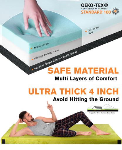 GAIALOOP 4 INCH Thick Memory Foam Camping Mattress, Roll Up Floor Sleeping Mat Camp Cot Mattress Pad Travel Camping Couch Bed for Guest Adults Side Sleepers [Single:75 * 30 * 4"]