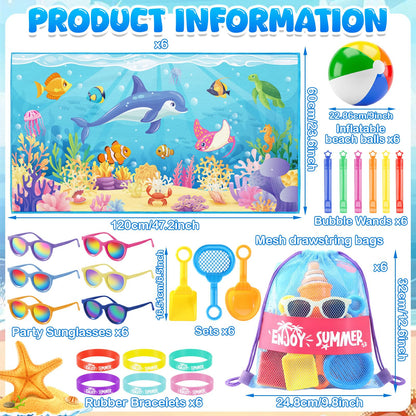 Honeydak 6 Set Pool Party Favors for Kids End of Year Gift Summer Mesh Drawstring Bag Beach Towels Ball Shovels Toys Bulk for Pool Beach Games Birthday Party Supplies Summer Graduation Student Gifts