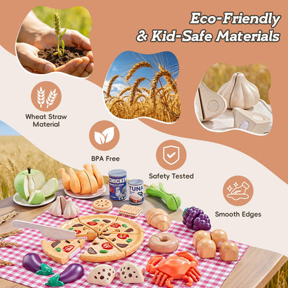 LAUGIGLE 86Pc Wheat Straw Play Food for Kids Kitchen-Toy Food with 2 Baskets & Picnic Blanket, Realistic Cutting Pizza, Grocery Cans, Pretend Play Kitchen Accessories & Toddler Toys for Boys Girls 3+