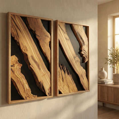Natural Wood Framed Olive Wood Wall Art - Single Panel Solid Wood Decor for Living Room, Office, Bedroom & Entryway - Handcrafted Live Edge Hanging 14"x20"