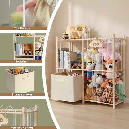 LAMU Stuffed Animal Storage and Kids Bookshelf, Wooden Toy Organizer with Large Toy Box Chest, Kids Bin Shelf Toys Box Bookcase, Stuffed Animal Zoo Holder for Bedroom Playroom Nursery