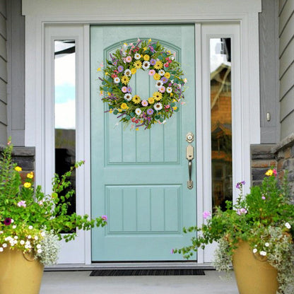 MAINGKAUNG Spring Wreath 22 Inch Artificial Summer Wreath with Yellow Daisy Flowers Green Eucalyptus Leaves Lavender Spring Wreaths for Front Door Home Farmhouse Porch Wall Easter Festival
