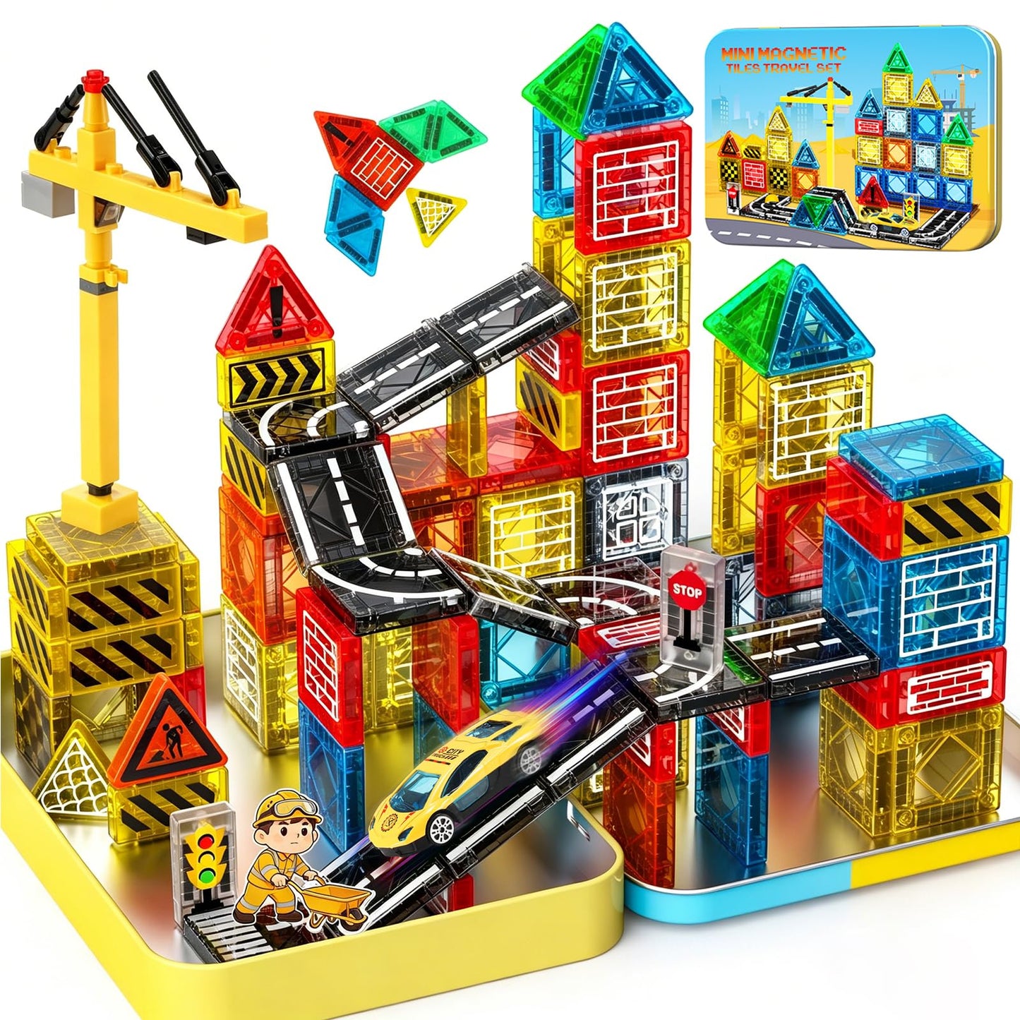 Magnetic Tiles - Construction Toys, Road Set Outdoor Travel Toys with Magnetic Crane & Car for Boys Age 3-5 4-8 8-10, Mini Magnet Building Blocks with Crane, Road, Traffic Lights, STEM Sensory Gifts
