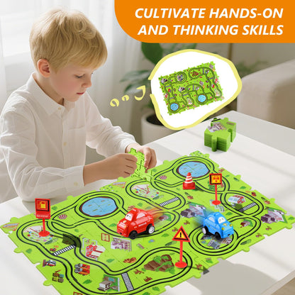 48 PCS Puzzle Race Track Car Set: Toddlers Kids Boys Girls Toys & Gifts for 3 4 5 6 Year Old | Puzzle Tracks Car Toys | with 2 Small Cars Toy and Roadblocks | Play & Learn Toy | Kid for Ages 3-5 4-6