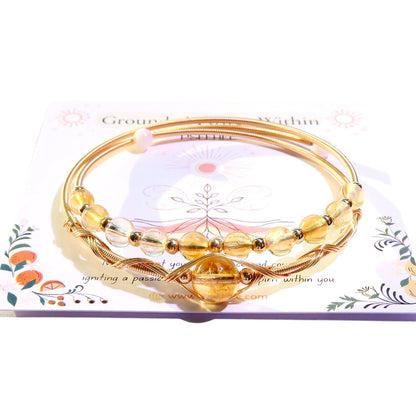 PSEEHEE Handmade Genuine Citrine Crystal Double Layered 14k Gold Filled Wire Wrapped Bracelet, Birthstone Chakra Healing Gemstone Crystal Beads Adjustable Bangle Cuff Jewelry Gift for Women