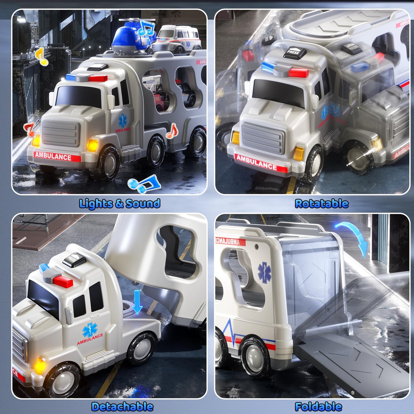KIZONLY Ambulance Truck Toys Set for Kids Toddlers 1-3 3-5 Years Old, Carrier Truck Playset with Toy Cars, Light and Sound, City Learning Toys for Toddlers, Birthday Gifts for Boys Girls Aged 2-4 4-8