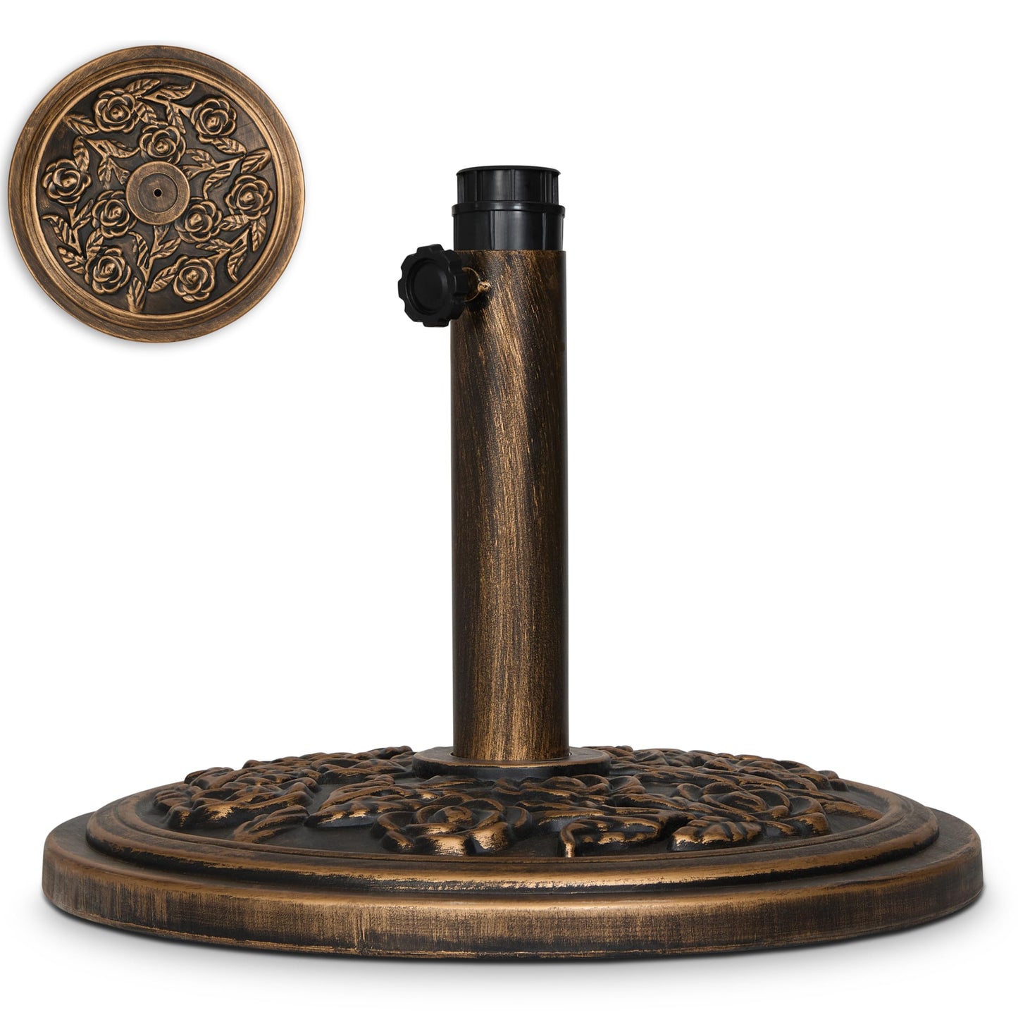 Backyard Expressions 20 lb Patio Umbrella Base Stand, Decorative Rose Medallion Antique Bronze Finish, Fits 1.5–1.9 in Poles w/Adapters, 18 in Round Weighted Outdoor Umbrella Holder for Deck & Table