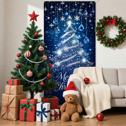 Christmas Door Cover Xmas Banner, 70.8 x 35.4 inch Hanging Front Door Cover Christmas Decor Backdrop Santa Background for Home Winter Holiday, Blue Christmas tree