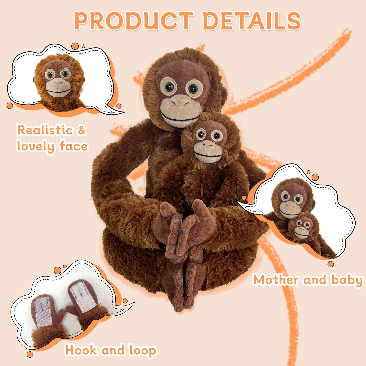 Hideekoog 2pcs Orangutans Hanging Stuffed Animal Mother with Baby Hangs Plush Toys, Hooks and Stuffed Animals with Rings for Kids, Gifts for Boys and Girls（Red）
