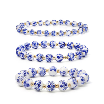 Dainty Bow Charm Beads Bracelet for Women Blue And White Vintage Ceramics Flower Bracelet Handmade Stretch Cute Beaded Romantic stackable Jewelry Gifts
