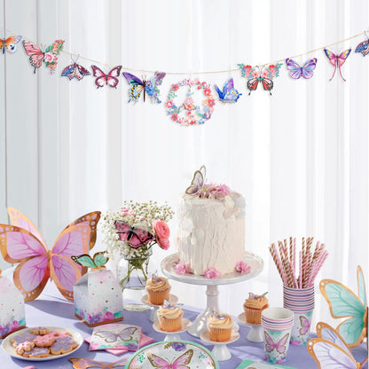 16Pcs Butterfly Ornaments Floral Flower and Butterflies Wreath Acrylic Hanging Tree Ornament Pendant Garland Banner for Spring Summer Wedding Bridal Shower Baby Shower Tea Party Nursery Decorations