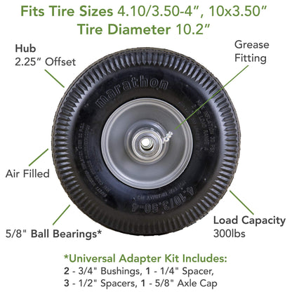 Universal Fit 4.10/3.50-4 Air Filled Hand Truck/Utility Tire, 5/8" Bearings,2.25" Offset to 4" Hub, Adapter Kit Included