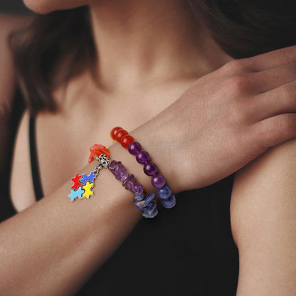 GolbalJew Autism Awareness Bracelets for Women Colorful Puzzle Charm 7 Chakra Gemstone Beads Bracelet Natural Stone Autistic Gifts Jewelry