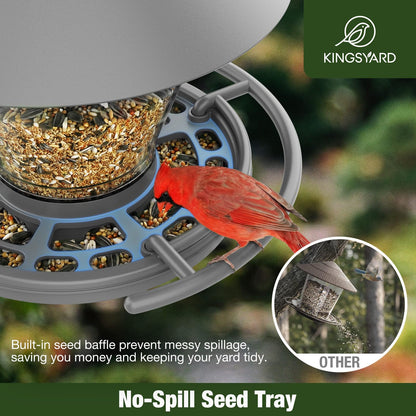 Kingsyard Wild Bird Feeder for Outdoors Hanging, No-Waste Tray with Seed Guard & Circular Perch, Garden Yard for Cardinal Finch, 4 lb Large Capacity, Grey