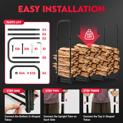 Zettum 4ft Firewood Log Rack with Cover - Outdoor Wood Stand Holder with Cover Heavy Duty, 4 Feet Metal Fire Wood Pile Organizer and Cover Combo Set for Fireplace Storage (48 x 14 x 48 Inch)