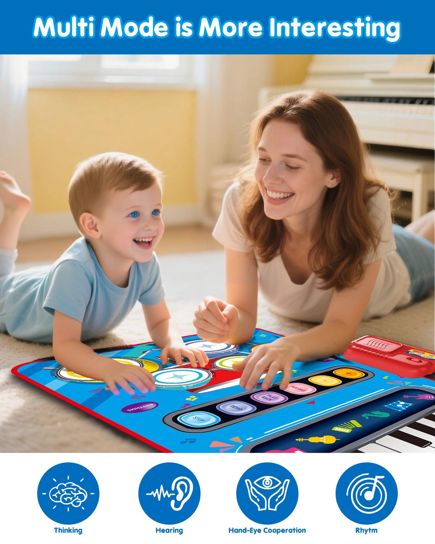 DQMOON Toys for 1 Year Old Boy Gifts, Baby Musical Mat with Piano & Drum, Adjustable Volume, 12-18 Months Toddler Toys, Christmas Birthday Easter Gifts for 1-2 Year Olds Boys Girls (Blue)