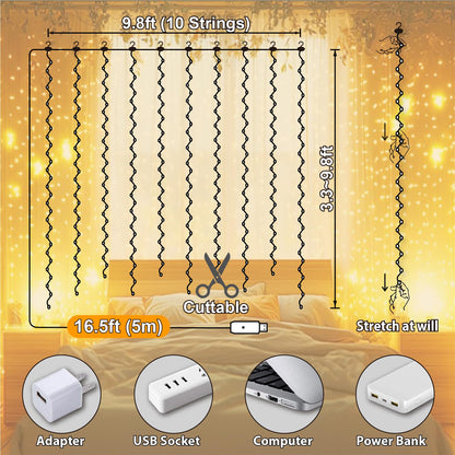 SINAMER Warm White Curtain Light for Bedroom, 300 LED 9.8ft x 9.8ft Window Fairy Curtain String Light with 16 Hooks, 8 Models Remote Control for Wedding Party Home Garden Indoor Decorations