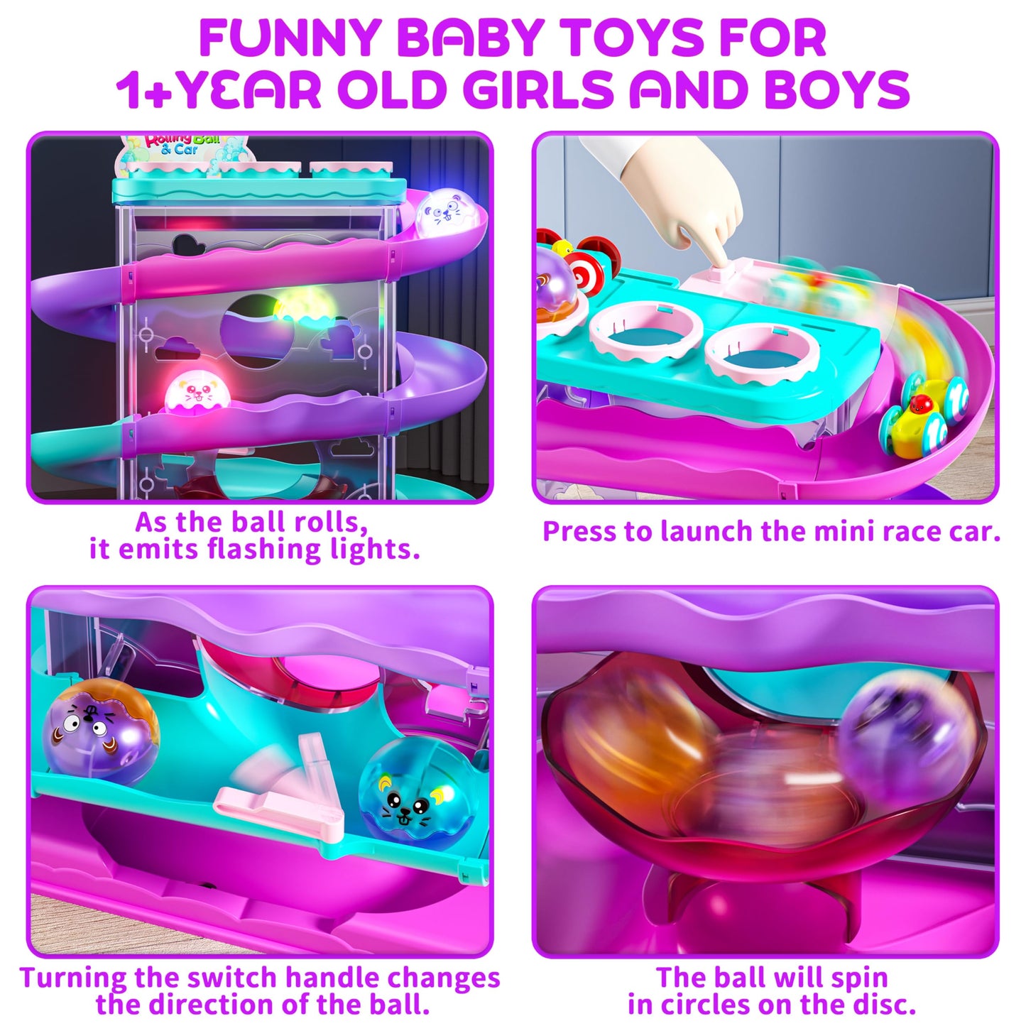 2-in-1 Rolling Ball & Car Ramp Race Track for Toddlers, Hammer Ball Drop Toy for Boys & Girls, Interactive Playset w/Sensor Lights - Montessori STEM Learning Toys for Kids 1-5+ Year Old