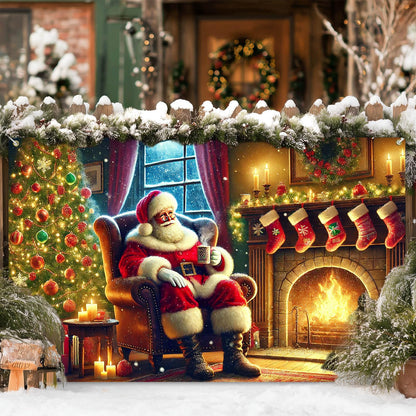 BlissYard Christmas Banner Santa Claus Fireplace Tree Holiday Wall Decoration Warm Cozy Living Room Scene Background Indoor Outdoor Party Decor for Home 71 X 43 Inches