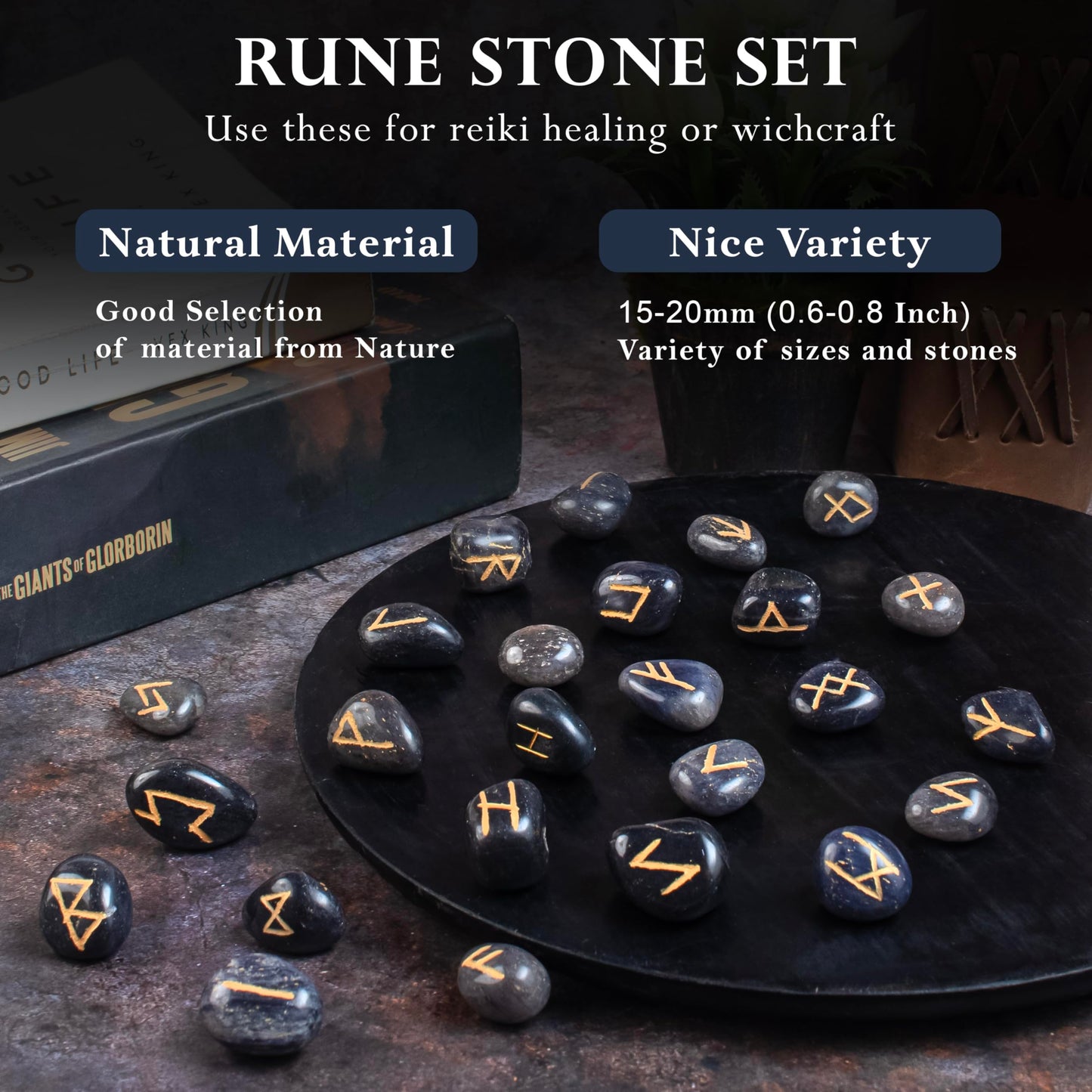 Crocon Blue Jade Rune Stones Set Engraved with Elder futhark Crystal Runes Set Reiki Healing runas for Meditation Chakra Balancing Stone for Beginners Crystal Guide & Pouch 15-20 mm