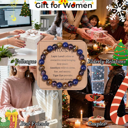 MAIBAOTA Anxiety Bracelet for Women 8 mm Lapis Lazuli Rose Tiger Eye Amethyst Bracelet Stress Relief Gifts Calming Healing Kalm Beaded Bracelets Jewelry for Women