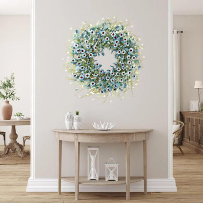 Sggvecsy Blue Daisy Wreath 24 Inch Spring Summer Fake Silk Floral Wreath with Green Eucalyptus Leaves and Lavender for Front Door Window Wall Wedding Farmhouse Festival Decor