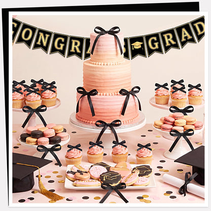 30 Pack Bow Cake Toppers Black Ribbon Bows for Cake Coquette Themed Bow Cupcake Toppers Graduation Decoration Bow Birthday Decorations for Baby Shower, Wedding, Engagement, Bachelorette Party