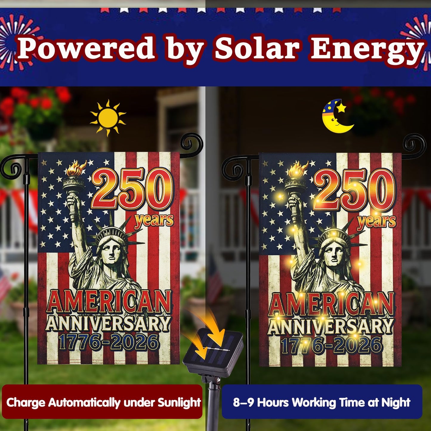 FLAGMESAGE Lighted 250th Anniversary USA Garden Flag for Outside, Solar Led Double-sided Patriotic Banner with 1776-2026 250 Years of American Freedom Design for Independence Day, July 4th Decor (LED Statue of Liberty, 12 x 18 Inch)