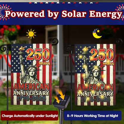 FLAGMESAGE Lighted 250th Anniversary USA Garden Flag for Outside, Solar Led Double-sided Patriotic Banner with 1776-2026 250 Years of American Freedom Design for Independence Day, July 4th Decor (LED Statue of Liberty, 12 x 18 Inch)