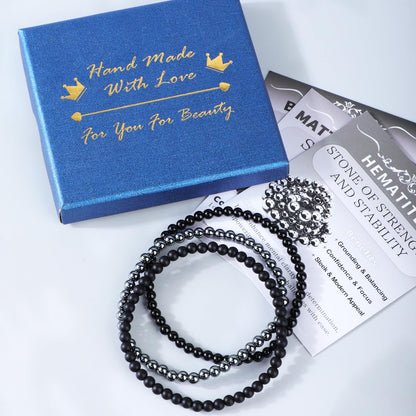 CMBYN 3-Pieces 4mm Natural Crystal Gemstone – ﻿Black Onyx, Hematite, Matte Black Agate Handmade Reiki Energy Healing Stretch Bracelets Jewelry for Yoga, Meditation, Unisex