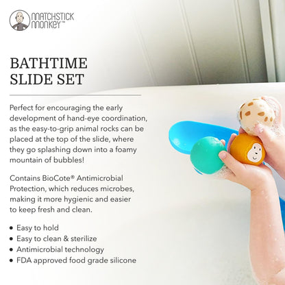 Matchstick Monkey Bath Time Slide Set – Baby Bath Toy, Sensory Learning, Easy-to-Grip Animal Rocks, Encourages Motor Skills & Water Play, BPA-Free, 12 Months+, Blue