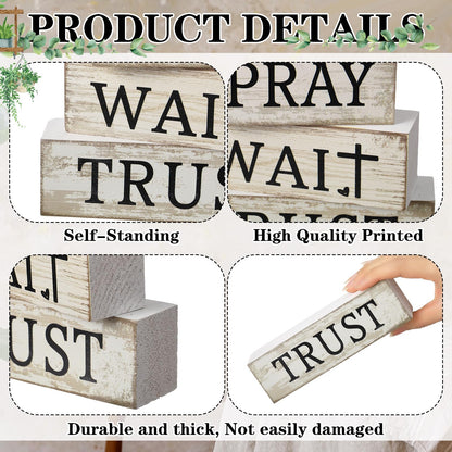 CroBlissful 4 Pcs Farmhouse Wooden Tabletop Decor Bible Verse Decorative Sign Inspirational Religious Christian Table Decor Pray Wait Trust Centerpiece Easter Gifts for Home Kitchen Shelf Mantle