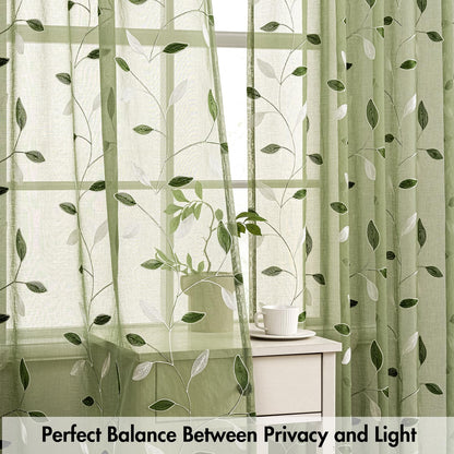 MIULEE Sage Green Sheer Curtains 2 Panels Embroidered Leaf Patterned Rod Pocket Floral Semi Sheer Faux Linen Window Curtains Drapes Set for Living Room Bedroom Dining Room, 52x84 Inches Long