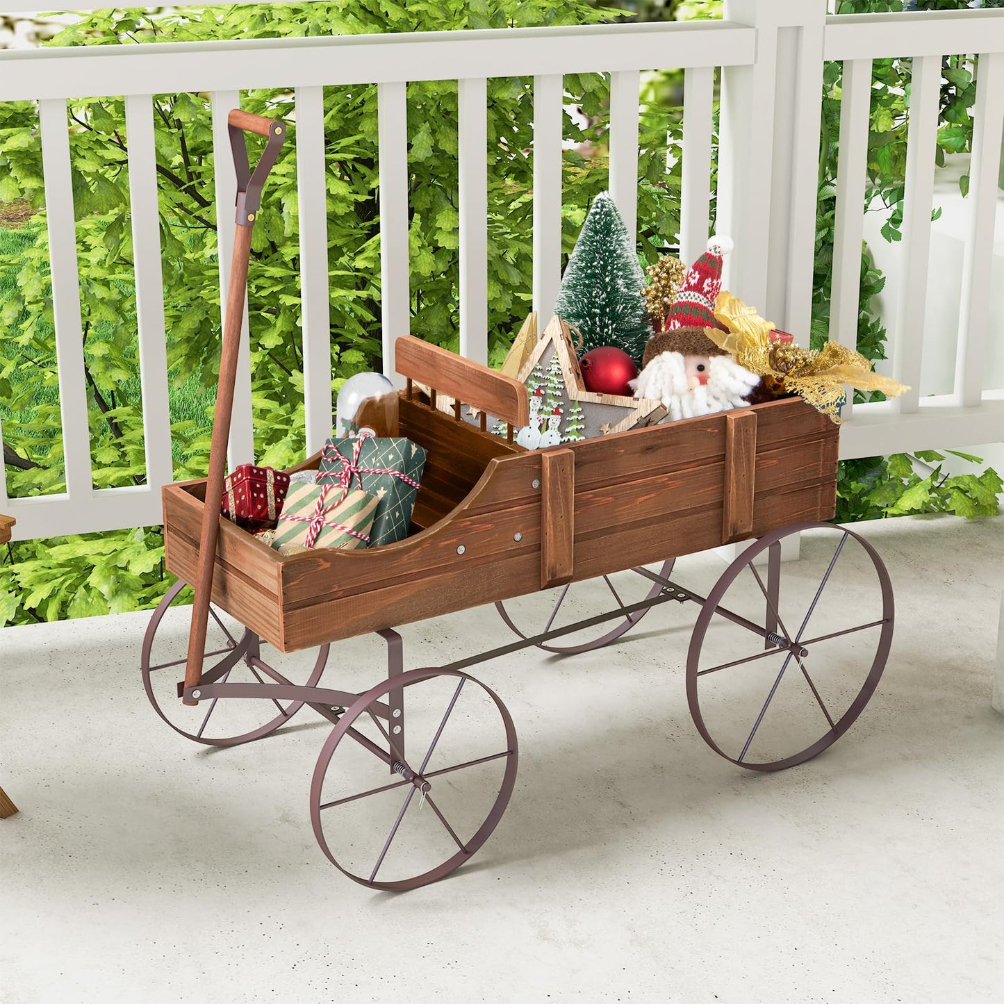 HAPPYGRILL Wooden Wagon Planter, 24.5” x 13.5” x 24” Decorative Garden Planter w/ 2 Planting Sections, Wheels, Handle, Small Decorated Cart, Flower Planter Box for Indoor Outdoor Patio (Brown)