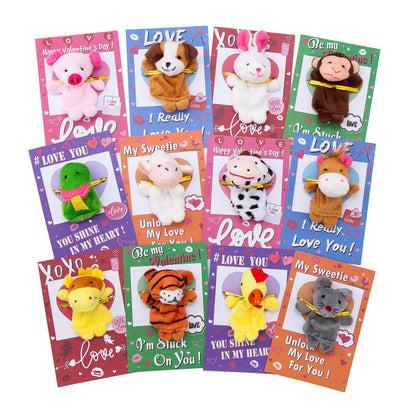 JIALWEN 12 Pack Animal Soft Plush Finger Puppet Kids Theme Gifts Greeting Cards School Classroom Exchange Game Prizes Party Favors