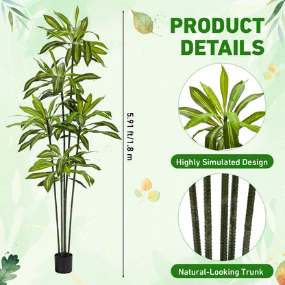 Giegxin 2 Pack 6 FT Artificial Dracaena Tree, Indoor Fake Tree with Black Stable Planter, Natural Wood Trunk & Lifelike Leaves Dracaena Plants for Home Living Room Porch Office Housewarming Gift