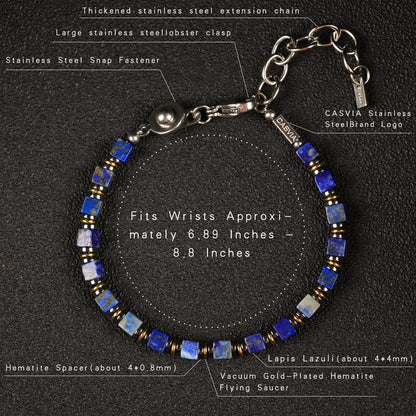 Casvia Handmade Lapis Lazuli Hematite Mens Bracelet, Stainless Steel Dual-Clasp, Adjustable 6.89-8.8 Inch, Spiritual Chakra Symbolism, Birthday Holiday Gift for Dad Husband Boyfriend