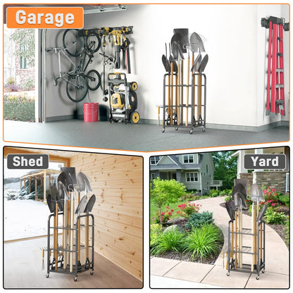 TORACK Garden Tool Organizer Stand with Wheels, Rakes Shovels Yard Tools Stand for Garage, Shed, Garden, Indoor/Outdoor Long-Handled Tools Cart