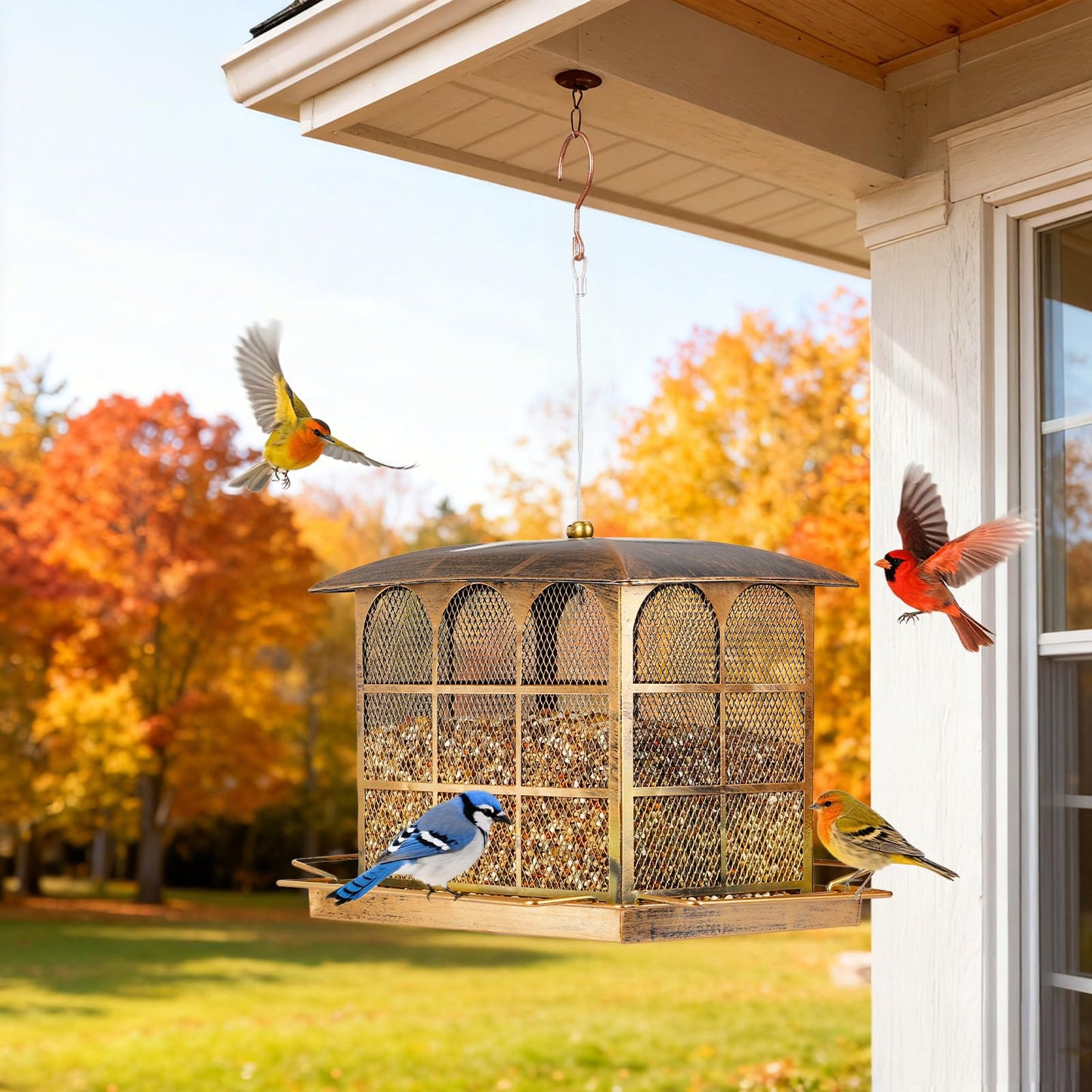 Large Bird Feeder, Heavy Duty Metal Bird Feeders for Outdoor Hanging, 9.5LB Seed Capacity Wild Birdfeeder for Outside Garden Decoration