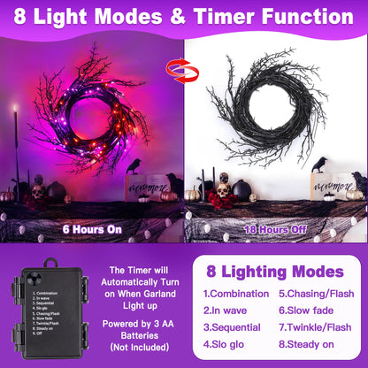9FT 72 LED Willow Vine Twig Decorations Black Halloween Garland with Orange & Purple Light, 8 Modes Battery Operated Halloween Lights Indoor for Mantle Fireplack Table Home Office Room Party Decor