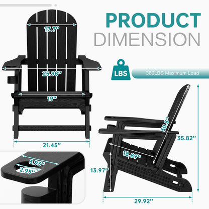 Shintenchi Adirondack Chairs Set of 2,HDPE Adirondack Chairs w/Removable Tablelop & Umbrella Hole,All-Weather Wooden Textured Plastic Outdoor Chairs w/Cup Holders for Garden Backyard Pool,Black
