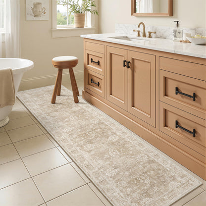 Madane Washable Runner Rug 2x6, Kitchen Hallway Runner Rug with Non-Slip Rubber Backing, Vintage Soft Low Pile Carpet Runner for Entryway Laundry Bathroom Bedroom Living Room (2 x 6, Beige/Brown)