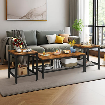 DKLGG Coffee Table Set of 3, Vintage Wood Coffee Table & 2 End Tables, Square Tabletop Modern Industrial Living Room 3-Piece Set for Apartment Home Office, Rustic Brown