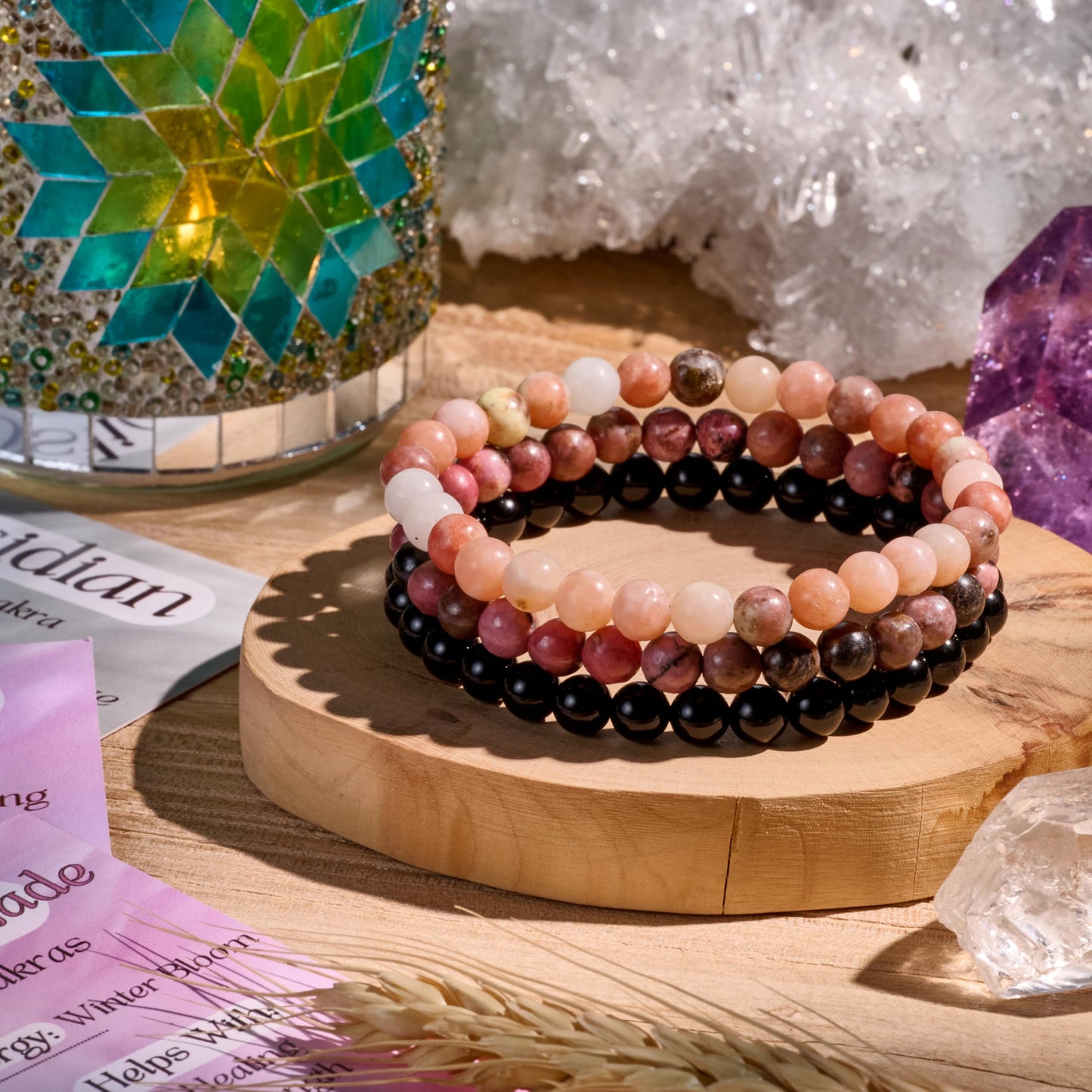 Bivei 3-Piece 8mm Beaded Bracelets for Women – Plum Blossom Jade, Rhodonite, Black Obsidian – Handmade Natural Crystal Stretch Elastic Jewelry for Meditation, Yoga, Protection Gifts