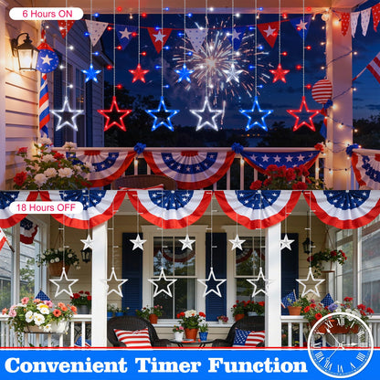 Lewondr 4th of July Curtain String Lights, 11.5FT 138 LED Hanging Patriotic Star Icicle Lights with 6H Timer, 8 Modes, USB, Red White and Blue 4th of July Decorations for Independence Memorial Day