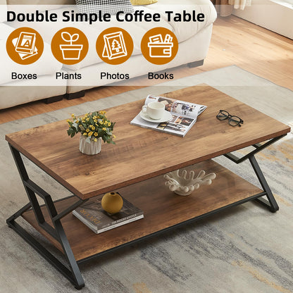 HOMISSUE Coffee Table, Rustic Rectangle Coffee Table with 2-Tier Storage, Engineered Wood Center Table with Open Shelves, Minimalist Coffee Table for Living Room, 47 Inch, Oak Brown