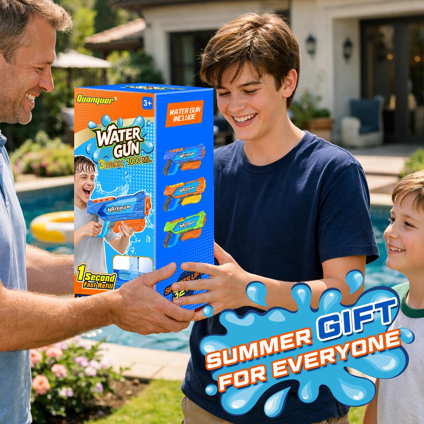Quanquer 1000cc Water Guns for Kids Adults - 3 Pack Fast-Fill Super Squirt Blaster Soaker with 32 Feet Shooting Range Pump Action Summer Gift Outdoor Toys for Swimming Pool Beach Water Fighting