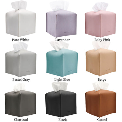 Tissue Box Cover Holder, Square with Bottom Belt by Carrot's Den - PU Leather Decorative Organizer for Tabletop, Bathroom, Car, Office | Pure White