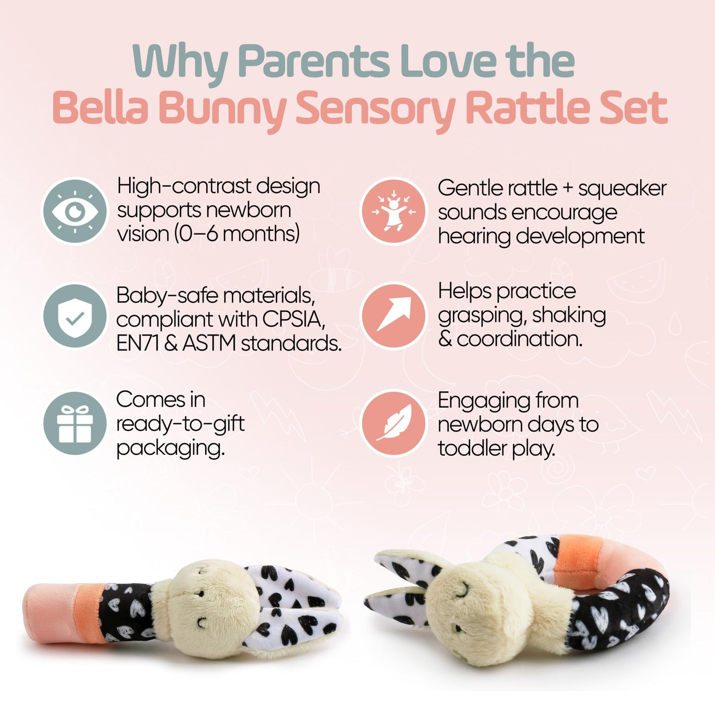 Bella Bunny Baby Rattle Toys - Rattles for Babies 0-6 Months High Contrast Baby Toys for Newborn Gifts - Ultra-Soft Sensory Toy Stick and Circle Baby Rattles 0-6 Months (2-Pack)
