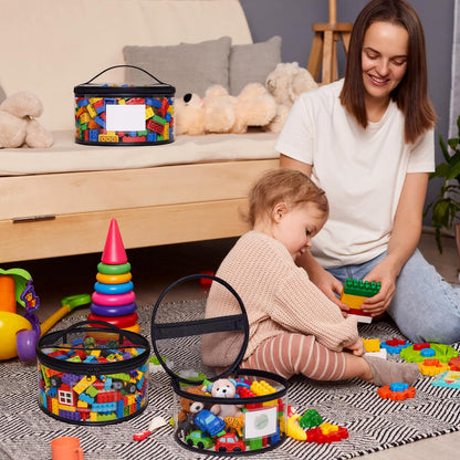 Sunnymove 6 Pcs Round Clear Toy Storage Bag with Handle PVC Cylinder Storage Bags with Label Pocket Waterproof Toys Organizer Bags for Building Blocks Puzzles & Game Pieces Portable Toy Tote